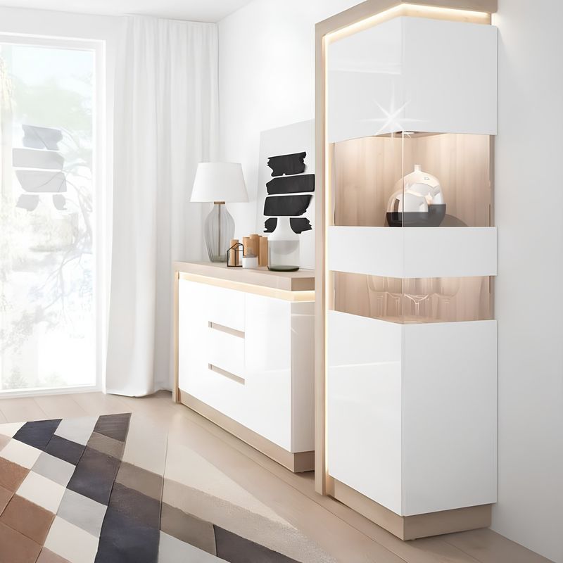 Casa si Gradina - Mobilier - Dulapuri si sifoniere - Dulapuri - Vitrina LYOV01P, stejar riviera/alb cu luciu extra ridicat, LEONARDO - Infinity.ro