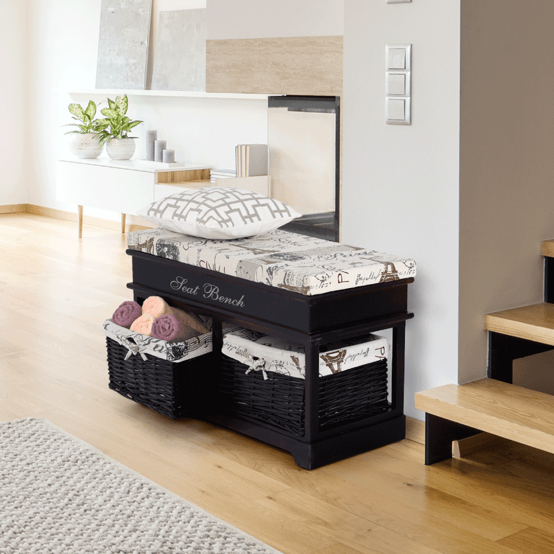 Casa si Gradina - Mobilier - Organizare si depozitare - Bancute - Banca cu  perna, 2 cosuri de rachita, maro inchis/bej/imprimeu, SEAT BENCH 3 - Infinity.ro