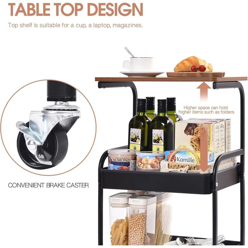 Casa si Gradina - Mobilier - Mese si birouri - Mese living - Masuta Portabila petru cafea, otel carbon, 2 polite si cu o masa de lucru, 76 x 43 x 30 cm, Negru Maro - Infinity.ro