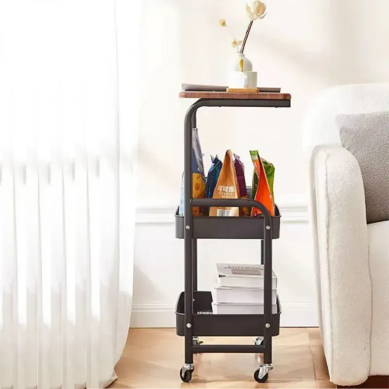 Casa si Gradina - Mobilier - Mese si birouri - Mese living - Masuta Portabila petru cafea, otel carbon, 2 polite si cu o masa de lucru, 76 x 43 x 30 cm, Negru Maro - Infinity.ro