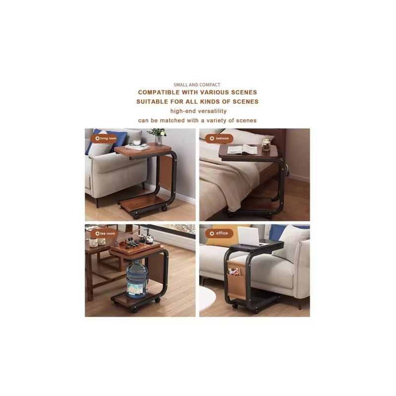 Casa si Gradina - Mobilier - Mese si birouri - Masute de cafea - Masuta Multifunctionala pe Roti, pentru canapea sau pat, cu Raft si Buzunar lateral, 63 x 40 x 28 cm, Maro/Negru - Infinity.ro