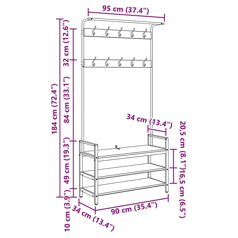 Casa si Gradina - Mobilier - Organizare si depozitare - Cuiere - Cuier de paltoane sonoma gri 95 x 34 x 184 cm Lemn compozit - Infinity.ro