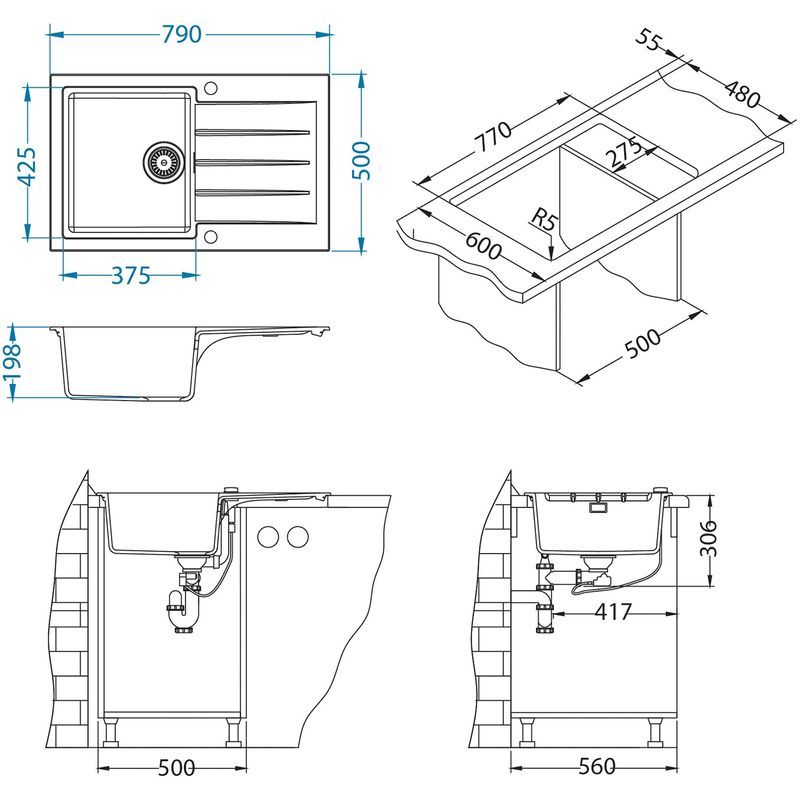 Casa si Gradina - Sanitare - Chiuveta bucatarie si accesorii - Chiuvete bucatarie - Pachet chiuveta Alveus Cadit 20, 790x500 mm + Baterie Primrose All Black, sifon pop-up inclus, Negru - Infinity.ro