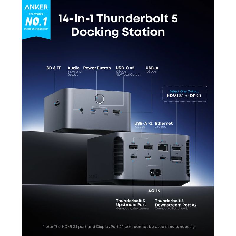 PC, gaming si accesorii - Retelistica - Hub-uri - Statie Docking Anker Prime TB5 14-in-1, Thunderbolt 5, 120Gbps, 140W, 8K, Gri - Infinity.ro