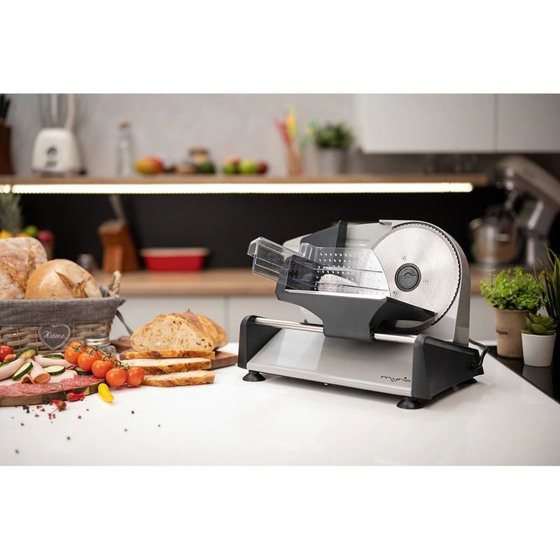 Electronice si Electrocasnice - Electrocasnice bucatarie - Mixere, tocatoare & roboti de bucatarie - Feliatoare - Feliator MYRIA MY4477, 150W, grosime feliere 0-15 mm, argintiu-negru - Infinity.ro