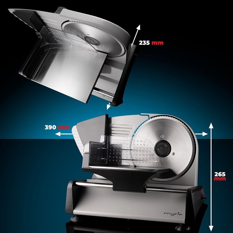 Electronice si Electrocasnice - Electrocasnice bucatarie - Mixere, tocatoare & roboti de bucatarie - Feliatoare - Feliator MYRIA MY4477, 150W, grosime feliere 0-15 mm, argintiu-negru - Infinity.ro