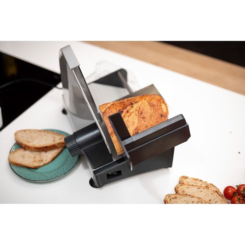 Electronice si Electrocasnice - Electrocasnice bucatarie - Mixere, tocatoare & roboti de bucatarie - Feliatoare - Feliator MYRIA MY4477, 150W, grosime feliere 0-15 mm, argintiu-negru - Infinity.ro