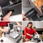 Electronice si Electrocasnice - Electrocasnice bucatarie - Mixere, tocatoare & roboti de bucatarie - Feliatoare - Feliator MYRIA MY4477, 150W, grosime feliere 0-15 mm, argintiu-negru - Infinity.ro