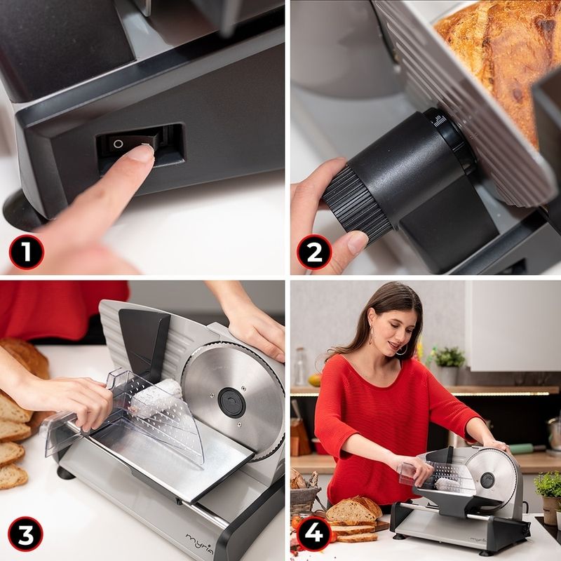 Electronice si Electrocasnice - Electrocasnice bucatarie - Mixere, tocatoare & roboti de bucatarie - Feliatoare - Feliator MYRIA MY4477, 150W, grosime feliere 0-15 mm, argintiu-negru - Infinity.ro