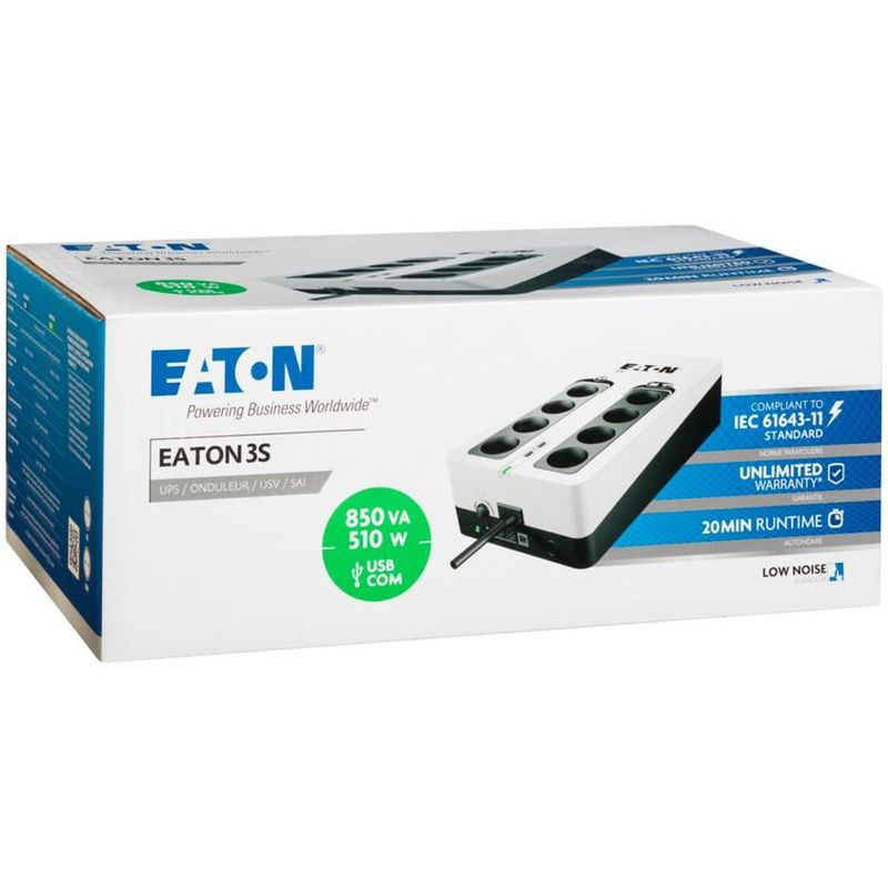 Casa si Gradina - Electrice - Accesorii electrice - Stabilizatoare tensiune si ups - UPS Eaton 3S850D Gen2 DIN, 850VA/510W, Offline, 8 prize Schuko, Port USB comunicare/incarcare - Infinity.ro