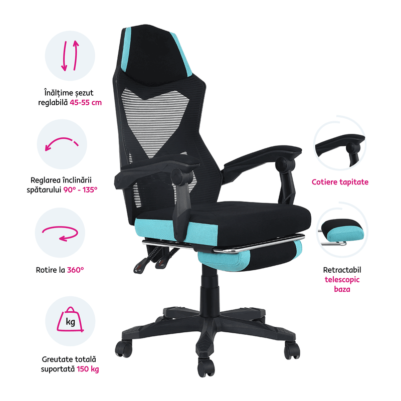 PC, gaming si accesorii - Gaming - Accesorii gaming - Scaune gaming - Scaun de birou/gaming, culoare neagra/neo menta, JORIK NEW - Infinity.ro