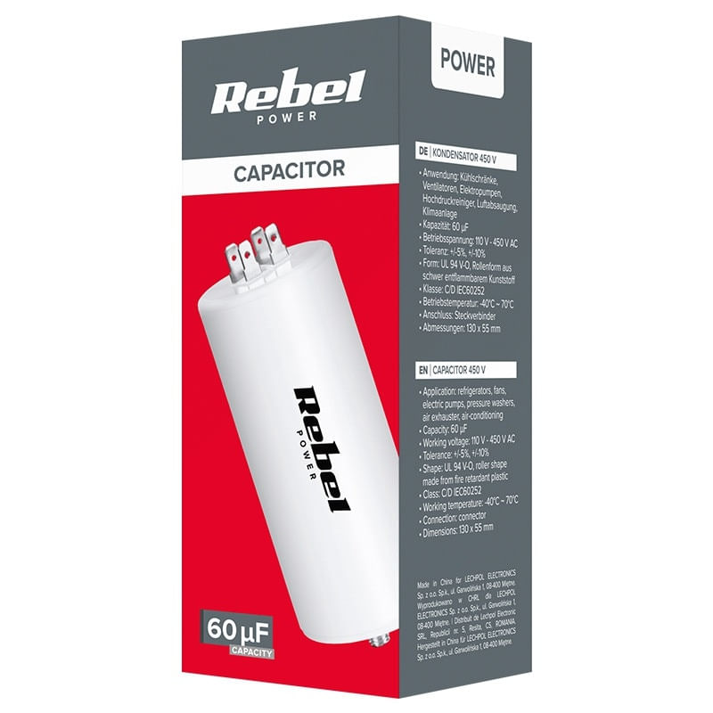 Auto si Moto - Electronice auto - Accesorii electronice auto - Condesator motor 60 uF, 450V, cu surub, Rebel Tools - Infinity.ro