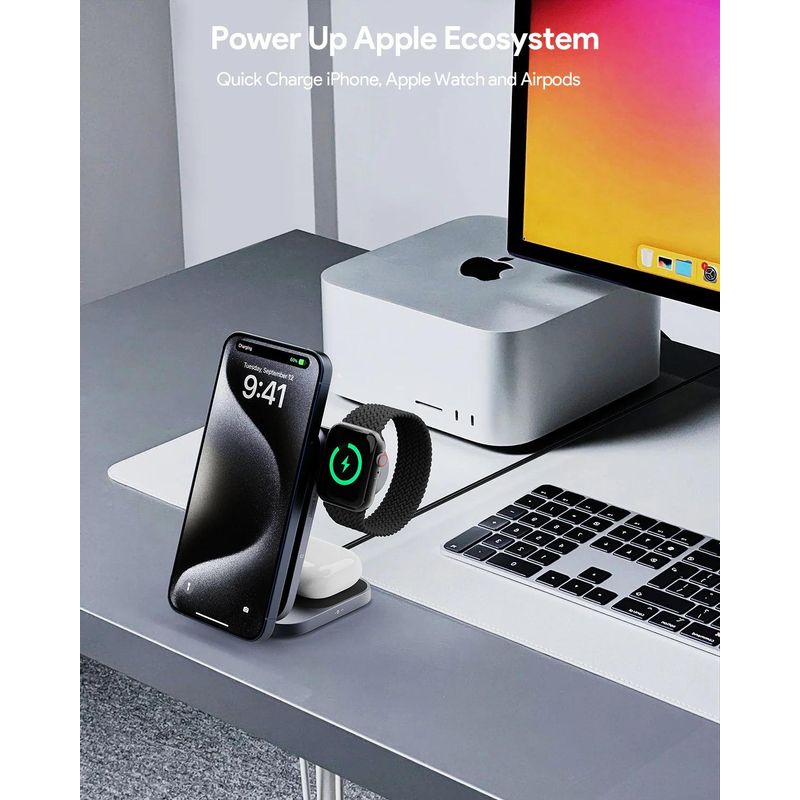 Laptop, Telefoane si Tablete - Telefoane mobile si accesorii - Accesorii Telefoane - Incarcatoare telefoane - Incarcator magnetic 3 in 1 Aukey MagFusion LC-MC312, 15W Qi2, gri - Infinity.ro