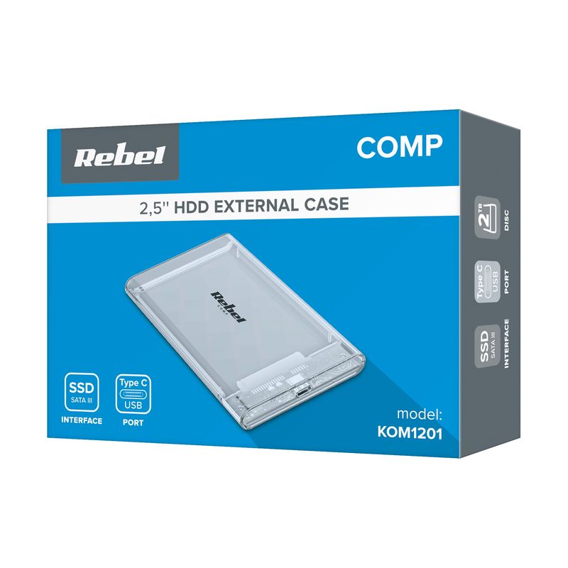 PC, gaming si accesorii - Periferice PC - Accesorii hard disk-uri externe - Carcasa pentru 2.5" SATA, Rebel, Plastic, USB-C 3.1, 2 TB, 125x80x13mm, Transparent - Infinity.ro