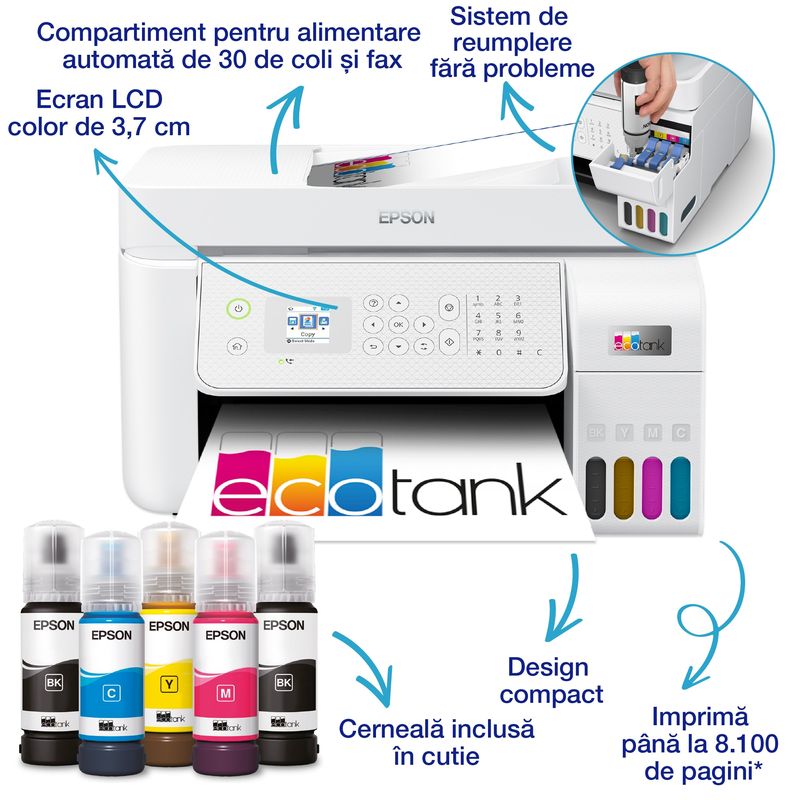 PC, gaming si accesorii - Imprimante, scanere & consumabile - Imprimante - Imprimante si multifunctionale - Multifunctional Inkjet color CISS Epson EcoTank L5316, A4, 10 ppm, USB, Retea, Wireless Alb - Infinity.ro