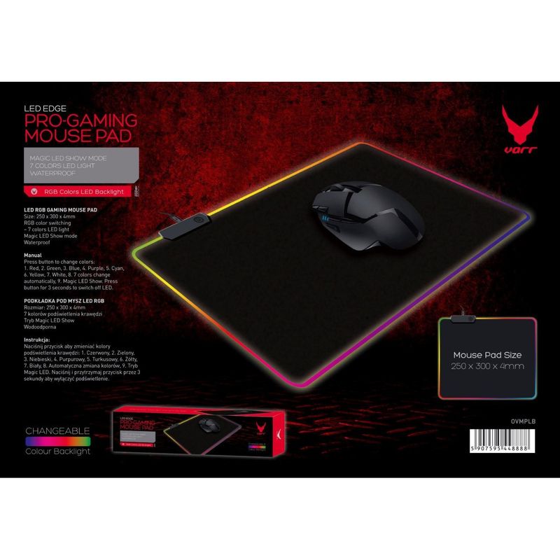 PC, gaming si accesorii - Periferice PC - Mousepad - Mousepad Pro-Gaming VARR 44888, RGB Led Edge, rezistent la apa, 250x300x4mm, negru - Infinity.ro