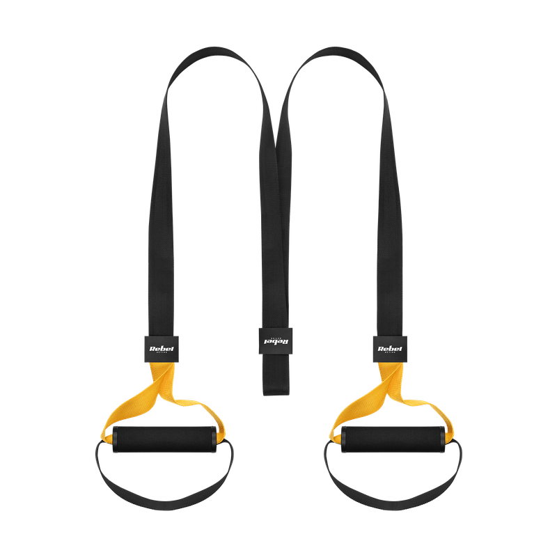 Sport si Outdoor - Fitness - Accesorii fitness - Benzi elastice fitness - Set accesorii fitness, Tasmy TRX P3-1, 2x150cm, 500kg, negru/galben - Infinity.ro