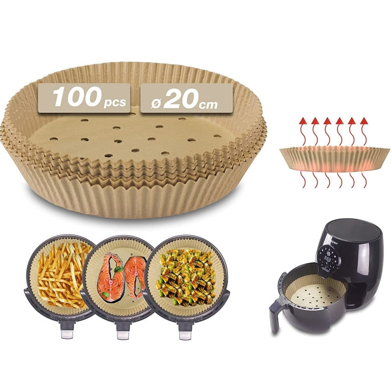Market - Curatenie si intretinere casa - Produse bucatarie - Pungi si folii alimentare - Set 100 forme din hartie Air Fryer Beper C103ACC001, Diametru 20 cm, Hartie de copt, Biodegradabile, Maro - Infinity.ro