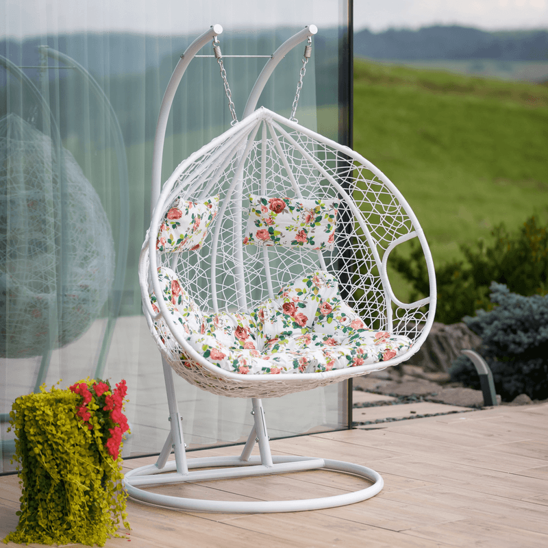Casa si Gradina - Gradina si terasa - Mobilier exterior - Scaune si sezlonguri gradina - Scaun agatat dublu, alb/model floral, DALVEA 2 NEW - Infinity.ro