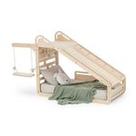 Jucarii, Copii si Bebe - Jucarii si jocuri - Jucarii de exterior - Tobogane copii - Pat Montessori din lemn MiniSleepy MamaToyz, cu tobogan, tabla de scris, masuta si leagan, Natur - Infinity.ro