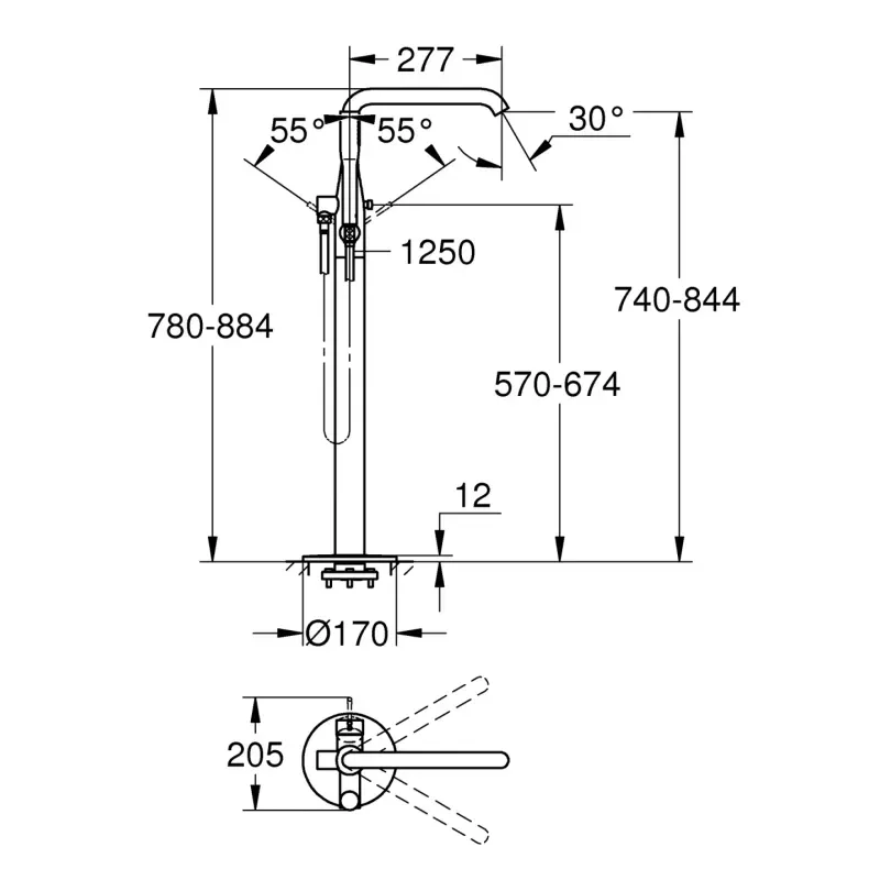 Casa si Gradina - Sanitare - Lavoar baie si accesorii - Baterii sanitare - Baterie de cada Grohe Essence 23491DA1, montare pe podea, 1/2'' , set de dus, necesita set fixare, lucios, cupru - Infinity.ro