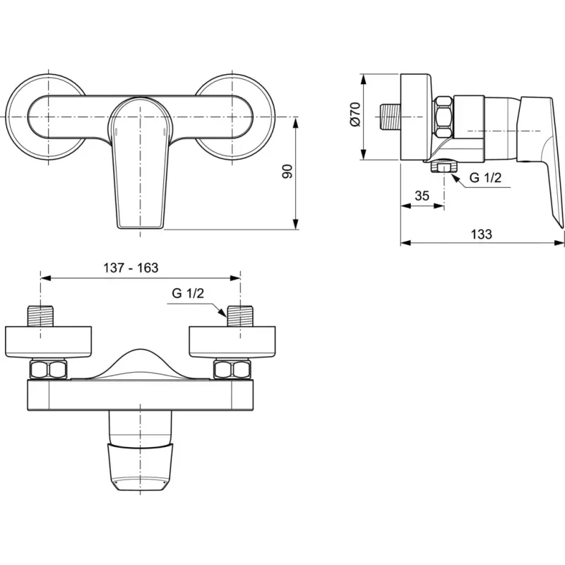 Casa si Gradina - Sanitare - Lavoar baie si accesorii - Baterii sanitare - Baterie dus Ideal Standard Tesi A6581, 1/2'', aparenta, monocomanda, cartus ceramic, limitator, crom - Infinity.ro
