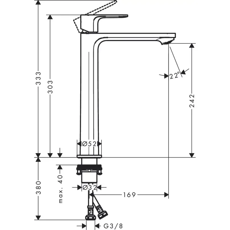 Casa si Gradina - Sanitare - Lavoar baie si accesorii - Baterii sanitare - Baterie lavoar Hansgrohe Rebris E, XL, 303 mm, pornire rece, crom, 72582000 - Infinity.ro
