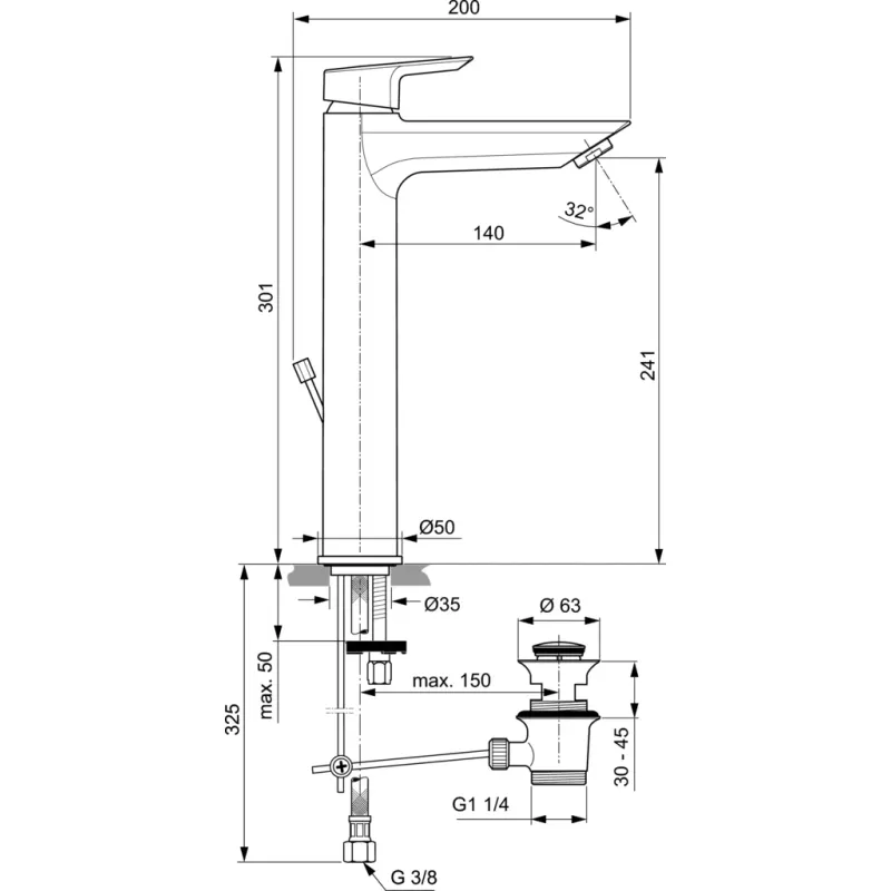 Casa si Gradina - Sanitare - Lavoar baie si accesorii - Baterii sanitare - Baterie lavoar Ideal Standard Tesi A6573, 3/8'', marimea XL, monocomanda, cartus ceramic, pop-metalic, crom - Infinity.ro