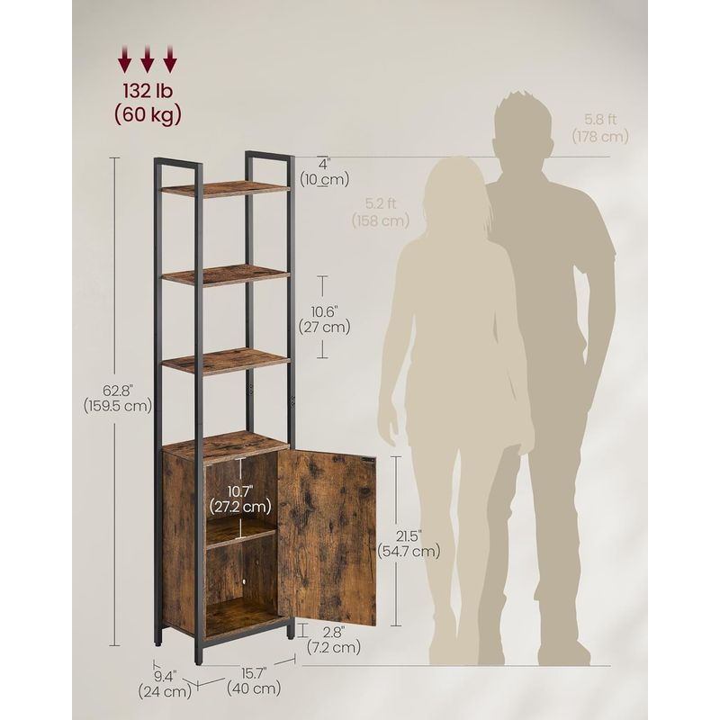 Casa si Gradina - Mobilier - Biblioteci si rafturi - Biblioteci - Biblioteca inalta cu 6 rafturi si dulap, cadru metalic, rafturi reglabile, stil vintage, 40x24x160 cm, maro rustic - Infinity.ro