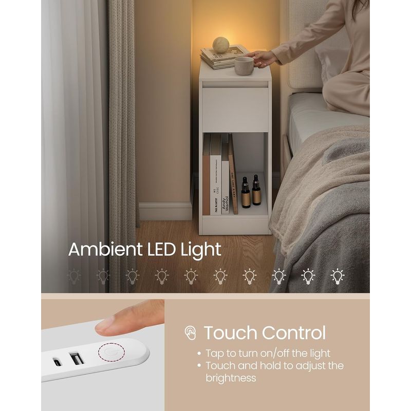 Casa si Gradina - Mobilier - Comode si corpuri - Noptiere - VASAGLE Noptiera slim cu LED si statie de incarcare cu 2 prize USB, MDF, 30x25x60 cm, alb - Infinity.ro