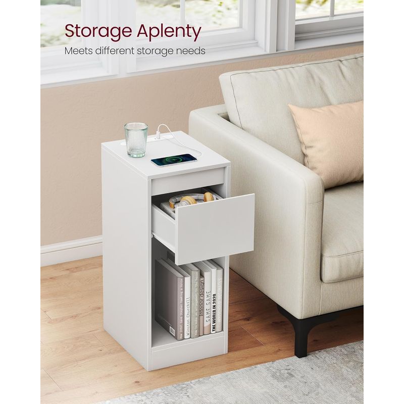 Casa si Gradina - Mobilier - Comode si corpuri - Noptiere - VASAGLE Noptiera slim cu LED si statie de incarcare cu 2 prize USB, MDF, 30x25x60 cm, alb - Infinity.ro