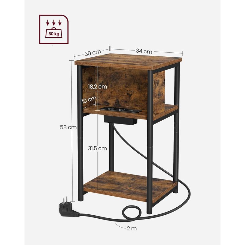 Casa si Gradina - Mobilier - Comode si corpuri - Noptiere - VASAGLE Noptiera cu prize si USB, 3 rafturi, stil industrial, 30x34x58 cm, maro rustic - Infinity.ro