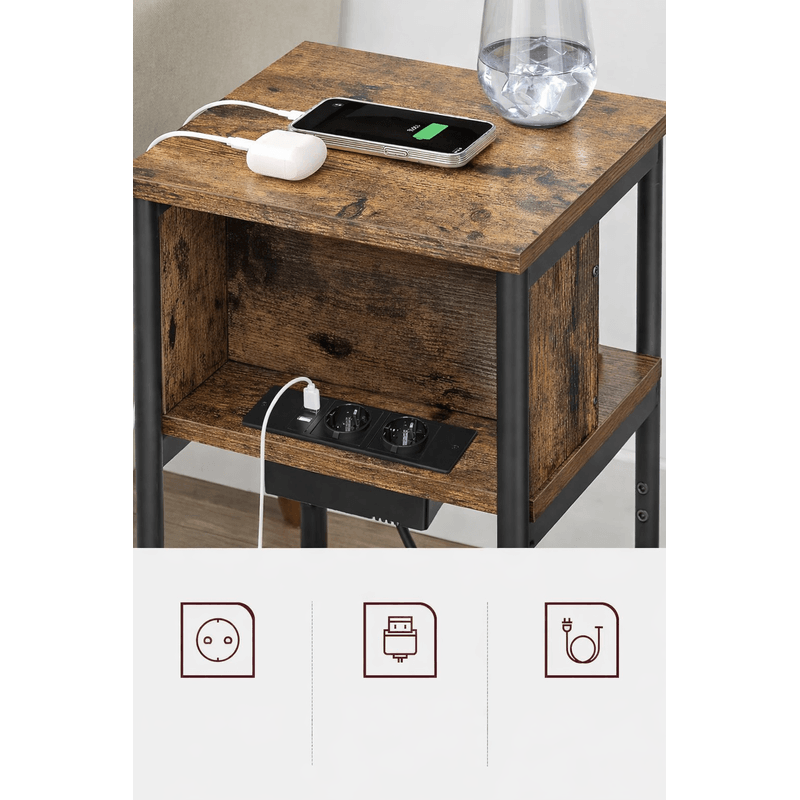 Casa si Gradina - Mobilier - Comode si corpuri - Noptiere - VASAGLE Noptiera cu prize si USB, 3 rafturi, stil industrial, 30x34x58 cm, maro rustic - Infinity.ro