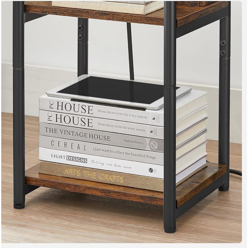 Casa si Gradina - Mobilier - Comode si corpuri - Noptiere - VASAGLE Noptiera cu prize si USB, 3 rafturi, stil industrial, 30x34x58 cm, maro rustic - Infinity.ro