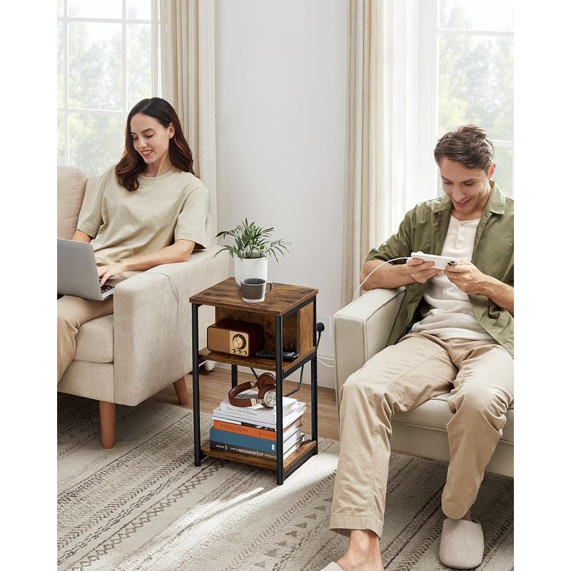 Casa si Gradina - Mobilier - Comode si corpuri - Noptiere - VASAGLE Noptiera cu prize si USB, 3 rafturi, stil industrial, 30x34x58 cm, maro rustic - Infinity.ro