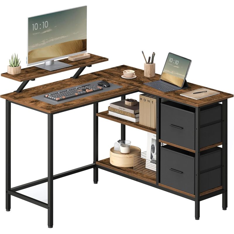 Casa si Gradina - Mobilier - Mese si birouri - Birouri - Birou de colt in forma L, cu 2 sertare si suport monitor, montare pe ambele parti, stil industrial, 115x105 cm, maro - Infinity.ro