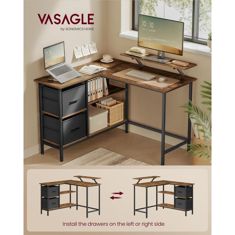Casa si Gradina - Mobilier - Mese si birouri - Birouri - Birou de colt in forma L, cu 2 sertare si suport monitor, montare pe ambele parti, stil industrial, 115x105 cm, maro - Infinity.ro