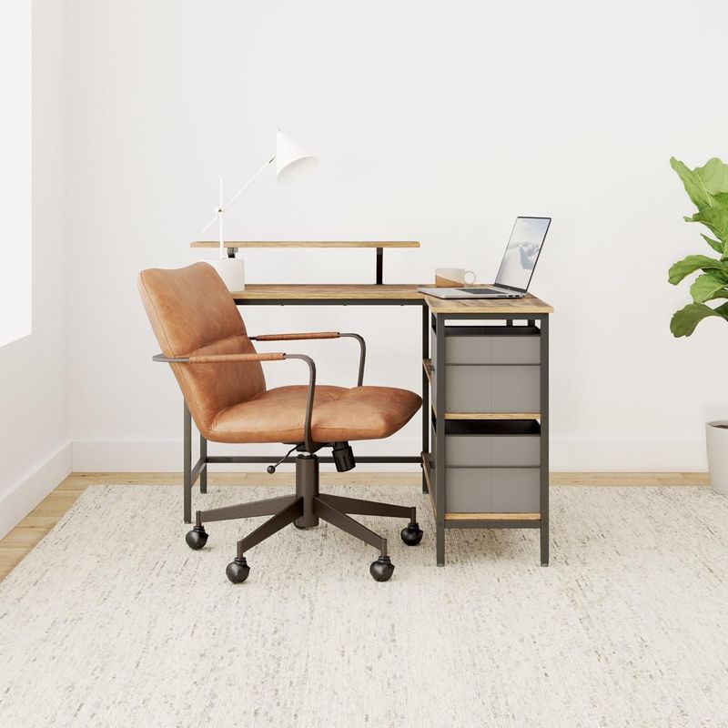 Casa si Gradina - Mobilier - Mese si birouri - Birouri - Birou de colt in forma L, cu 2 sertare si suport monitor, montare pe ambele parti, stil industrial, 115x105 cm, maro - Infinity.ro