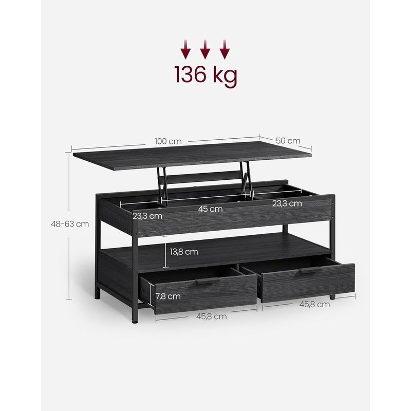 Casa si Gradina - Mobilier - Mese si birouri - Masute de cafea - Masuta de cafea cu blat reglabil pe inaltime, cu sertare si spatii de depozitare, stil industrial, 100x50x63 cm, gri - Infinity.ro