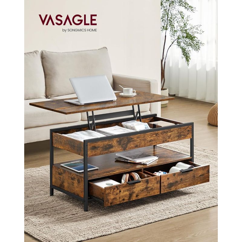 Casa si Gradina - Mobilier - Mese si birouri - Masute de cafea - Masuta de cafea cu blat reglabil pe inaltime, cu sertare si spatii de depozitare, stil industrial, 100x50x63 cm, maro - Infinity.ro