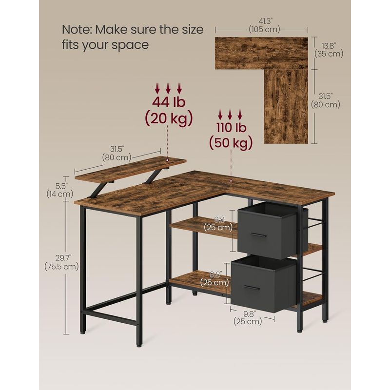 Casa si Gradina - Mobilier - Mese si birouri - Birouri - Birou de colt in forma L, cu 2 sertare si suport monitor, montare pe ambele parti, stil industrial, 115x105 cm, maro - Infinity.ro