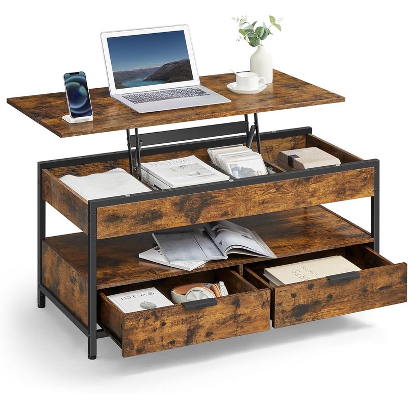 Casa si Gradina - Mobilier - Mese si birouri - Masute de cafea - Masuta de cafea cu blat reglabil pe inaltime, cu sertare si spatii de depozitare, stil industrial, 100x50x63 cm, maro - Infinity.ro