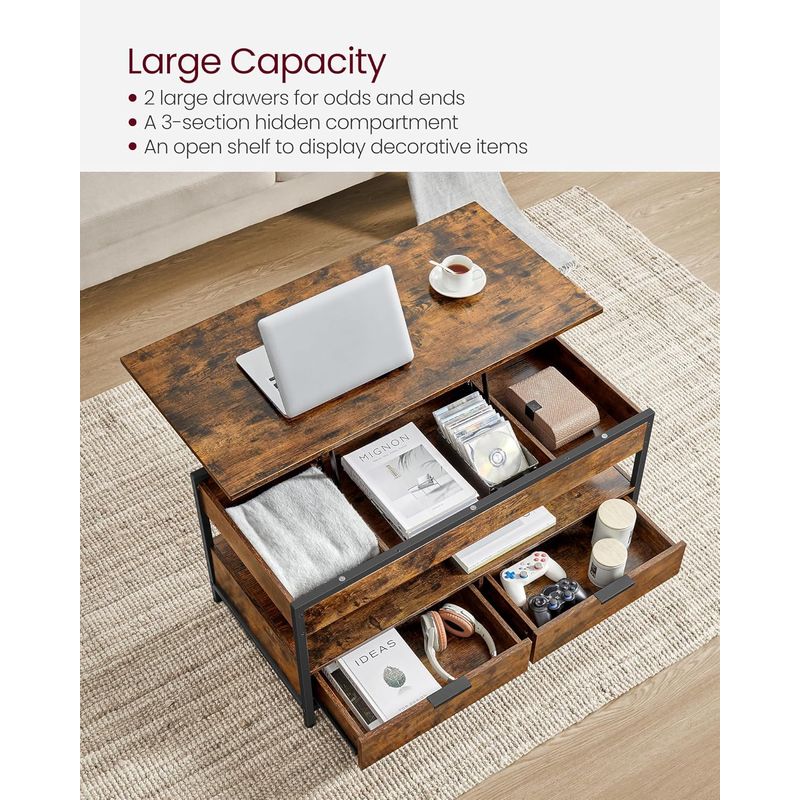 Casa si Gradina - Mobilier - Mese si birouri - Masute de cafea - Masuta de cafea cu blat reglabil pe inaltime, cu sertare si spatii de depozitare, stil industrial, 100x50x63 cm, maro - Infinity.ro