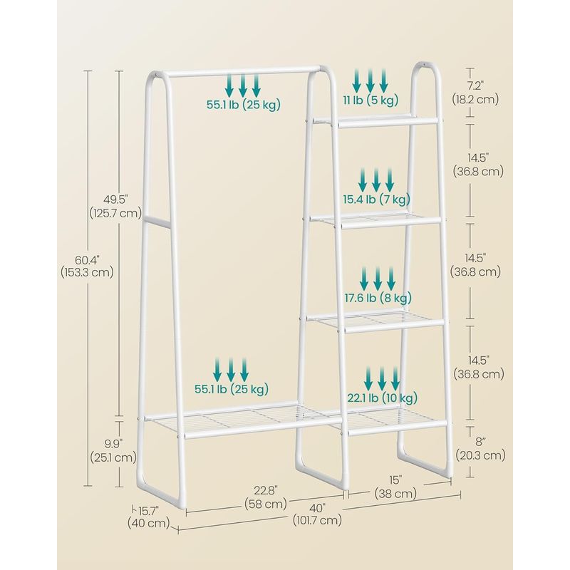 Casa si Gradina - Mobilier - Organizare si depozitare - Cuiere - SONGMICS Cuier cu 5 rafturi si bara pentru haine, structura metalica, stil industrial, 40x102x153 cm, alb - Infinity.ro