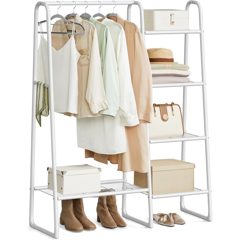 Casa si Gradina - Mobilier - Organizare si depozitare - Cuiere - SONGMICS Cuier cu 5 rafturi si bara pentru haine, structura metalica, stil industrial, 40x102x153 cm, alb - Infinity.ro