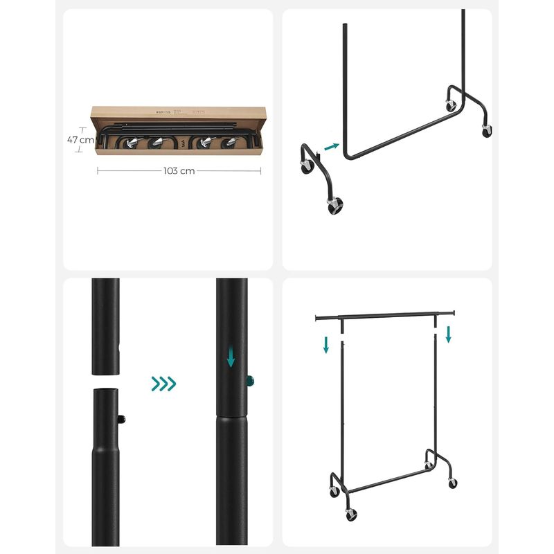 Casa si Gradina - Mobilier - Organizare si depozitare - Cuiere - SONGMICS Suport pentru haine extensibil pe roti, bara reglabila 110-150 cm, stil industrial, 150x45x160 cm, negru - Infinity.ro