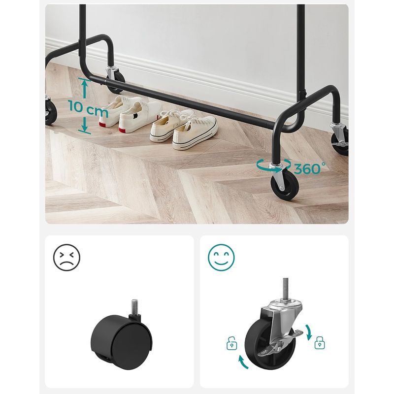 Casa si Gradina - Mobilier - Organizare si depozitare - Cuiere - SONGMICS Suport pentru haine extensibil pe roti, bara reglabila 110-150 cm, stil industrial, 150x45x160 cm, negru - Infinity.ro