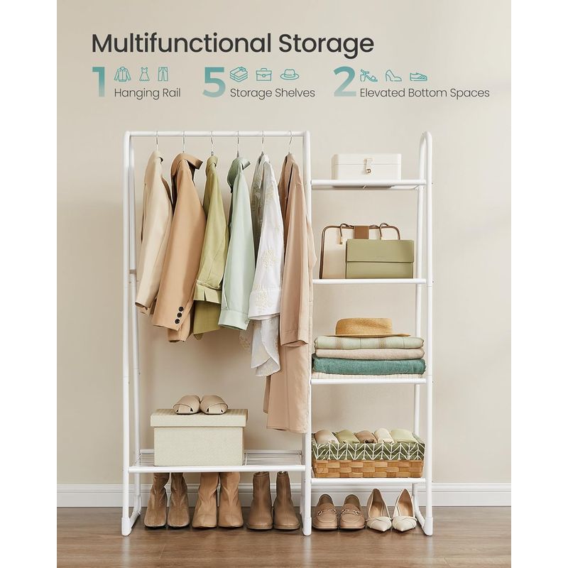 Casa si Gradina - Mobilier - Organizare si depozitare - Cuiere - SONGMICS Cuier cu 5 rafturi si bara pentru haine, structura metalica, stil industrial, 40x102x153 cm, alb - Infinity.ro