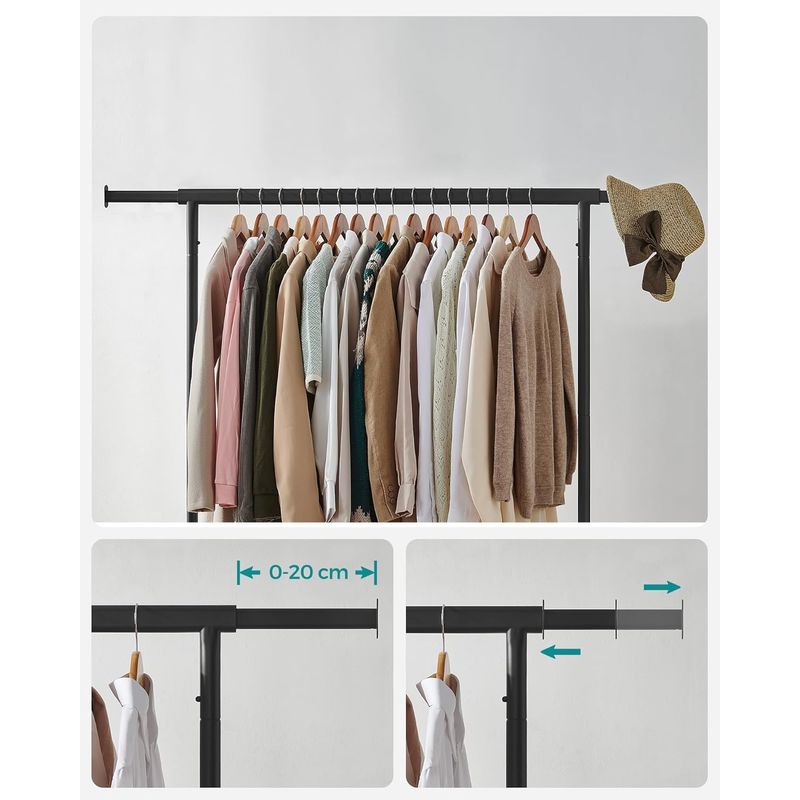 Casa si Gradina - Mobilier - Organizare si depozitare - Cuiere - SONGMICS Suport pentru haine extensibil pe roti, bara reglabila 110-150 cm, stil industrial, 150x45x160 cm, negru - Infinity.ro