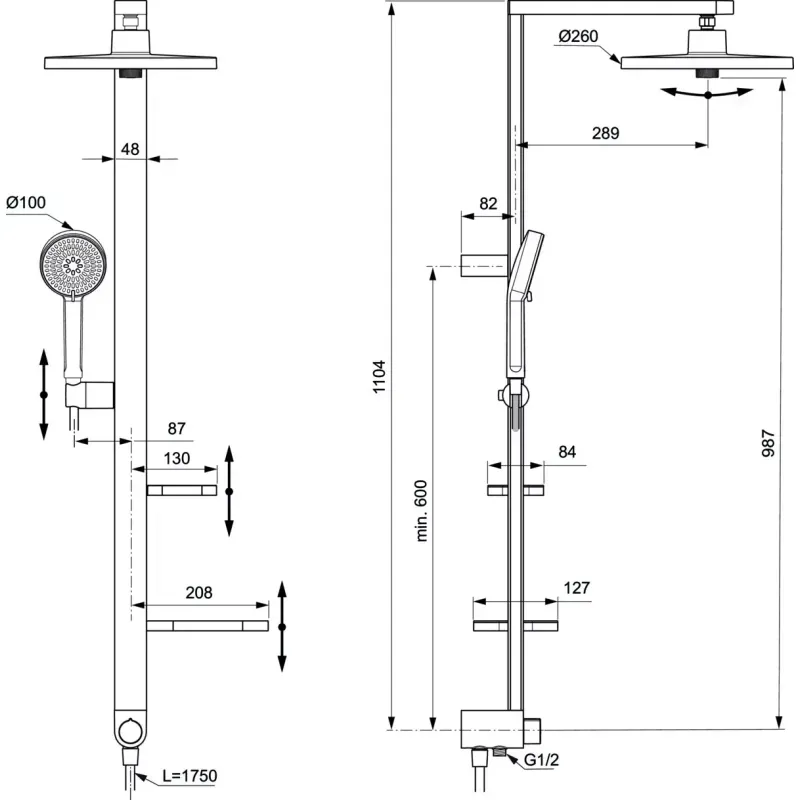 Casa si Gradina - Sanitare - Cazi si cabine de dus - Coloane si seturi de dus - Coloana de dus Ideal Standard Alu+, 1100 mm, dus fix 260 mm, 1 functie, mat, negru, BD585XG - Infinity.ro
